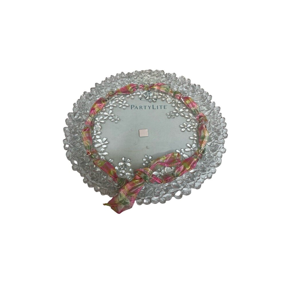 Partylite Hydrangea Pillar Tray Floral Flower Ribbon Platter Crystal Glass P7717
